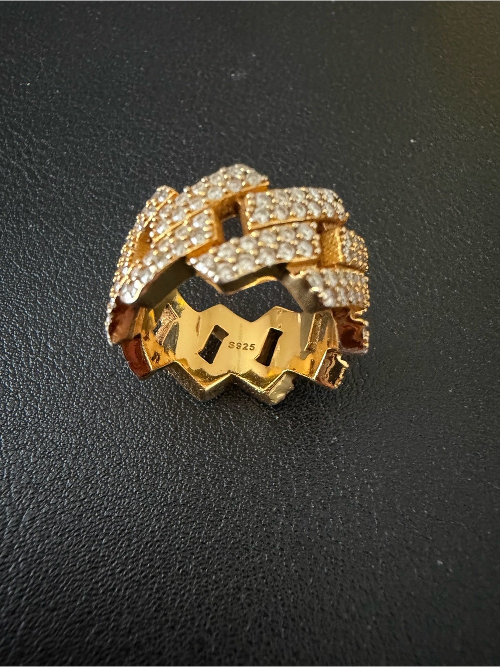 Gold Iced Out Cuban Link Ring Sterling Silver 925 Size 7( 17мм)